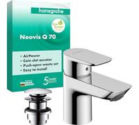 hansgrohe Neovis Q 71354000 - Grifo de lavabo con desagüe push open de metal, grifo de baño con caño de altura 63 mm, grifo mezclador de ahorro de agua (EcoSmart), cromado