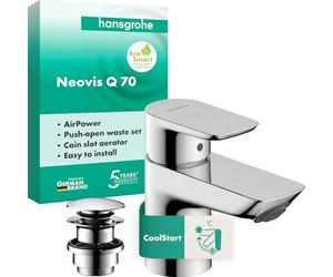 hansgrohe Neovis Q 71356000 - Grifo monomando para lavabo con caño de metal (CoolStart), ahorro de energía (CoolStart), altura 63 mm, grifo mezclador de ahorro de agua (EcoSmart), cromado