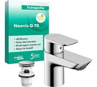 hansgrohe Neovis Q - grifo lavabo con vaciador Push-Open, grifo monomando lavabo, altura del caño 63 mm, cantidad de caudal 5 l/min (EcoSmart), cromo, 71346000