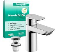 hansgrohe Neovis Q - grifo lavabo con vaciador Push-Open, grifo monomando lavabo, altura del caño 96 mm, cantidad de caudal 5 l/min (EcoSmart), cromo, 71348000
