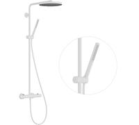 hansgrohe Pulsify S Puro - sistema de ducha con termostato, ducha lluvia (260 mm) con grifo, ducha de mano (1 tipo de chorro), flexo, barra, ducha fija redonda, blanco mate, 24222700