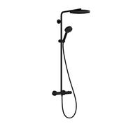 hansgrohe Pulsify S Puro - sistema de ducha con termostato, ducha lluvia (260 mm) con grifo, ducha de mano (3 tipos de chorro), flexo, barra, ducha fija redonda, negro mate, 24236670