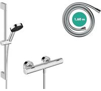 hansgrohe Pulsify Select S - set de ducha ahorro de agua con termostato Ecostat Fine, con ducha de mano 8,2 l/min (EcoSmart), barra 65 cm, flexo et soporte, cromo, 24262000