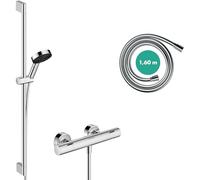 Hansgrohe Pulsify Select S, Set de Ducha Ahorro de Agua Con Termostato Ecostat Fine, Mano 8,2 L/min (EcoSmart), Barra 90 Cm, Flexo, Soporte, Cromo, 24261000