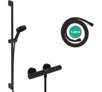 hansgrohe Pulsify Select S, set de ducha ahorro de agua con termostato para ducha Ecostat Element, con ducha de mano 8,2l/min (EcoSmart), barra ducha 90cm, flexo ducha, soporte, negro mate, 24271670