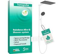 hansgrohe Raindance Alive Q - sistema de ducha ahorro de agua (EcoSmart) con termostato, ducha lluvia (340 x 210 mm) con grifo, ducha de mano, flexo, barra, ducha fija, blanco mate, 24591700
