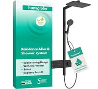 hansgrohe Raindance Alive Q - sistema de ducha ahorro de agua (EcoSmart) con termostato, ducha lluvia (340 x 210 mm) con grifo, ducha de mano, flexo, barra, ducha fija, negro mate, 24591670