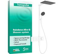 hansgrohe Raindance Alive Q - sistema de ducha con termostato, ducha lluvia (340 x 210 mm) con grifo, ducha de mano, flexo, barra, ducha fija (2 tipos de chorro incl PowderRain), blanco mate, 24590700