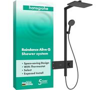 hansgrohe Raindance Alive Q - sistema de ducha con termostato, ducha lluvia (340 x 210 mm) con grifo, ducha de mano (3 tipos de chorro), flexo, barra, ducha fija, negro mate, 24580670