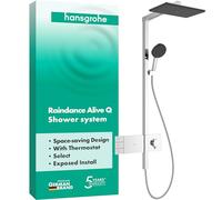 hansgrohe Raindance Alive Q - sistema de ducha con termostato, ducha lluvia (340 x 210 mm) con grifo, ducha de mano, flexo, barra, ducha fija (2 tipos de chorro incl. PowderRain), cromo, 24590000
