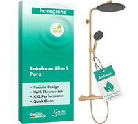 hansgrohe Raindance Alive S Puro - sistema de ducha ahorro de agua (EcoSmart) con termostato, ducha lluvia (300 mm) con grifo, ducha de mano, flexo, barra, ducha fija, bronce cepillado, 24593140