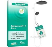 hansgrohe Raindance Alive S Puro - sistema de ducha ahorro de agua (EcoSmart) con termostato, ducha lluvia (300 mm) con grifo, ducha de mano, flexo, barra, ducha fija redonda, blanco mate, 24593700