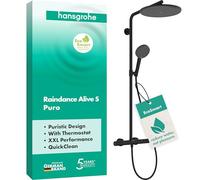 hansgrohe Raindance Alive S Puro - sistema de ducha ahorro de agua (EcoSmart) con termostato, ducha lluvia (300 mm) con grifo, ducha de mano, flexo, barra, ducha fija redonda, negro mate, 24593670