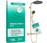 hansgrohe Raindance Alive S Puro - sistema de ducha ahorro de agua (EcoSmart) con termostato, ducha lluvia (300 mm) con grifo, ducha de mano, flexo, barra, ducha fija, color oro pulido, 24593990
