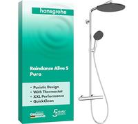 hansgrohe Raindance Alive S Puro - sistema de ducha con termostato, ducha lluvia (300 mm) con grifo, ducha de mano (3 tipos de chorro incl. PowderRain), flexo, barra, ducha fija, cromo, 24592000