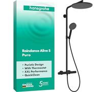 hansgrohe Raindance Alive S Puro - sistema de ducha con termostato, ducha lluvia (300 mm) con grifo, ducha de mano (3 tipos de chorro), flexo, barra, ducha fija redonda, negro mate, 24592670