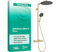 hansgrohe Raindance Alive S Puro - sistema de ducha con termostato, ducha lluvia (300 mm) con grifo, ducha de mano (3 tipos de chorro), flexo, barra, ducha fija redonda, color oro pulido, 24592990