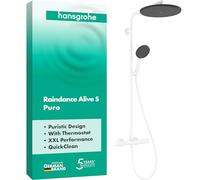 hansgrohe Raindance Alive S Puro - sistema de ducha con termostato, ducha lluvia (300 mm) con grifo, ducha de mano (3 tipos de chorro), flexo, barra, ducha fija redonda, blanco mate, 24592700