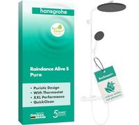 hansgrohe Raindance Alive S Puro - sistema de ducha max. 6 l/min (EcoSmart+) con termostato, ducha lluvia (300 mm) con grifo, ducha de mano, flexo, barra, ducha fija, blanco mate, 24594700