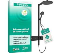 hansgrohe Raindance Alive S - sistema de ducha ahorro de agua (EcoSmart) con termostato, ducha lluvia (300 mm) con grifo, ducha de mano, flexo, barra, ducha fija redonda, negro mate, 24596670