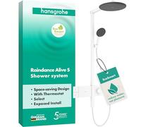 hansgrohe Raindance Alive S - sistema de ducha ahorro de agua (EcoSmart) con termostato, ducha lluvia (300 mm) con grifo, ducha de mano, flexo, barra, ducha fija redonda, blanco mate, 24583700