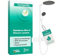 hansgrohe Raindance Alive S - sistema de ducha ahorro de agua (EcoSmart) con termostato, ducha lluvia (300 mm) con grifo, ducha de mano, flexo, barra, ducha fija redonda, blanco mate, 24596700