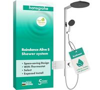 hansgrohe Raindance Alive S - sistema de ducha ahorro de agua (EcoSmart) con termostato, ducha lluvia (300 mm) con grifo, ducha de mano, flexo, barra, ducha fija redonda, cromo, 24596000