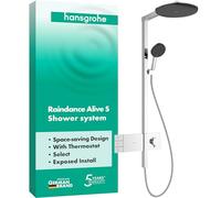 hansgrohe Raindance Alive S - sistema de ducha con termostato, ducha lluvia (300 mm) con grifo, ducha de mano, flexo, barra, ducha fija redonda (2 tipos de chorro incl. PowderRain), cromo, 24595000