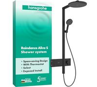 hansgrohe Raindance Alive S - sistema de ducha con termostato, ducha lluvia (300 mm) con grifo, ducha de mano (3 tipos de chorro incl. PowderRain), flexo, barra, ducha fija, negro mate, 24582670