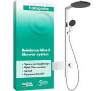 hansgrohe Raindance Alive S - sistema de ducha con termostato, ducha lluvia (300 mm) con grifo, ducha de mano (3 tipos de chorro incl. PowderRain), flexo, barra, ducha fija redonda, cromo, 24582000