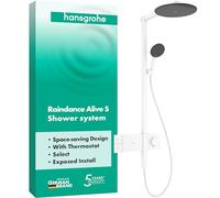 hansgrohe Raindance Alive S - sistema de ducha con termostato, ducha lluvia (300 mm) con grifo, ducha de mano (3 tipos de chorro incl. PowderRain), flexo, barra, ducha fija, blanco mate, 24582700