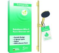hansgrohe Raindance Alive Select+ S set de ducha 125, 3jet EcoSmart con barra de ducha Unica S PURO 65cm, 24602990, Color: Óptica Oro Pulido