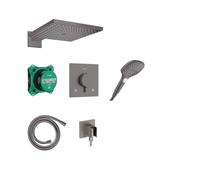 hansgrohe Raindance E - conjunto de ducha empotrado, set completo (6 en 1) con termostato, set básico iBox universal 2, ducha fija, alcachofa de ducha y flexo 160 cm, cromo negro cepillado, 24623340