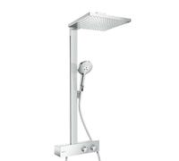 hansgrohe Raindance E - sistema de ducha ahorro de agua (EcoSmart) con termostato, ducha lluvia (300 x 300 mm) con grifo, ducha de mano, flexo, barra, ducha fija rectangular, cromo, 27362000