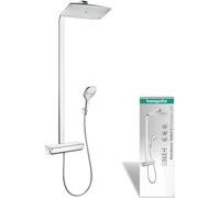 hansgrohe Raindance E - sistema de ducha con termostato, ducha lluvia (360 x 190 mm) con grifo, ducha de mano (2 tipos de chorro), flexo, barra, ducha fija rectangular, cromo, 27112000
