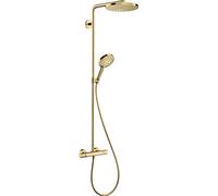 hansgrohe Raindance S - sistema de ducha ahorro de agua (EcoSmart+) con termostato, ducha lluvia (240 mm) con grifo, ducha de mano, flexo, barra, ducha fija redonda, color oro pulido, 28825990