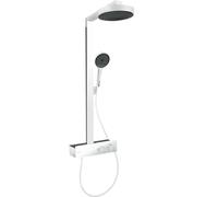 hansgrohe Rainfinity, sistema de ducha con termostato, ducha lluvia (250 mm) con grifo, ducha de mano (3 tipos de chorro), flexo, barra, ducha fija redondo (1 tipo de chorro), blanco mate