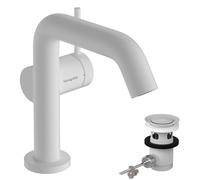 hansgrohe Tecturis S Fine - grifo lavabo con vaciador automático, ahorro de energía (CoolStart), grifo monomando lavabo 112 mm, mezclador lavabo ahorro de agua (EcoSmart+), blanco mate, 73323700