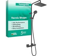 hansgrohe Vernis Shape - sistema de ducha con termostato, ducha lluvia (230 x 170 mm) con grifo, ducha de mano (2 tipos de chorro), flexo, barra, ducha fija rectangular, negro mate, 26286670