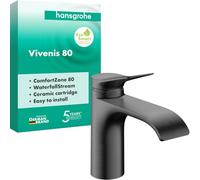hansgrohe Vivenis 75012340 - Grifo de lavabo sin desagüe, grifo de baño con caño altura 80 mm, ahorro de agua (EcoSmart), color negro cepillado