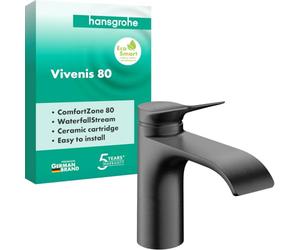 hansgrohe Vivenis 75012340 - Grifo de lavabo sin desagüe, grifo de baño con caño altura 80 mm, ahorro de agua (EcoSmart), color negro cepillado