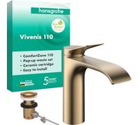 hansgrohe Vivenis 75020140 - Grifo de lavabo con desagüe de tirador (110 mm de altura, 110 mm), color bronce cepillado