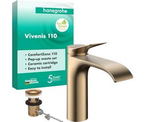 hansgrohe Vivenis 75020140 - Grifo de lavabo con desagüe de tirador (110 mm de altura, 110 mm), color bronce cepillado