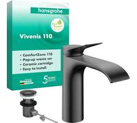 hansgrohe Vivenis 75020340 - Grifo de lavabo con desagüe de tirador (110 mm de altura, 110 mm, ahorro de agua), color negro cepillado
