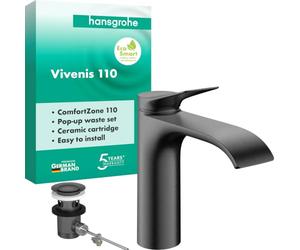 hansgrohe Vivenis 75020340 - Grifo de lavabo con desagüe de tirador (110 mm de altura, 110 mm, ahorro de agua), color negro cepillado