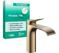 hansgrohe Vivenis 75022140 - Grifo de lavabo sin desagüe, grifo de baño con caño altura 110 mm, grifo mezclador para lavabo de ahorro de agua (EcoSmart), bronce cepillado