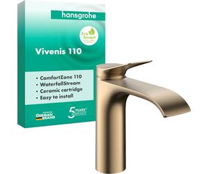 hansgrohe Vivenis 75022140 - Grifo de lavabo sin desagüe, grifo de baño con caño altura 110 mm, grifo mezclador para lavabo de ahorro de agua (EcoSmart), bronce cepillado