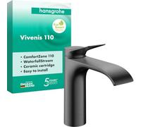 hansgrohe Vivenis 75022340 - Grifo de lavabo sin desagüe, grifo de baño con caño altura 110 mm, para ahorrar agua (EcoSmart), color negro cepillado