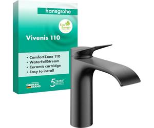 hansgrohe Vivenis 75022340 - Grifo de lavabo sin desagüe, grifo de baño con caño altura 110 mm, para ahorrar agua (EcoSmart), color negro cepillado
