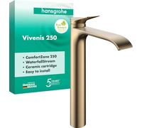 hansgrohe Vivenis 75042140 - Grifo de lavabo sin desagüe, grifo de baño con caño altura 250 mm, grifo mezclador para lavabo de ahorro de agua (EcoSmart), bronce cepillado